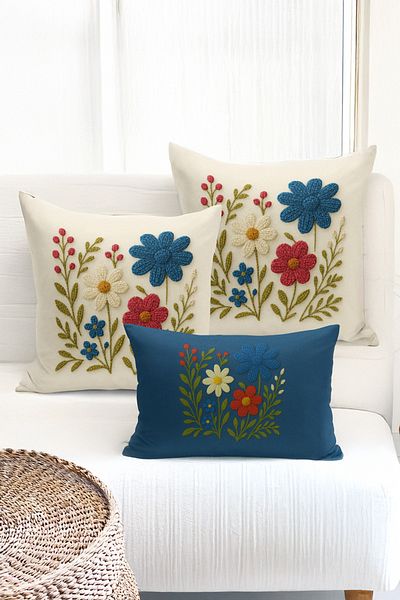 Bertille Home Set de 3 huse de pernă cu imprimare digitală pe două părți (aspect de broderie cu model de puncție)