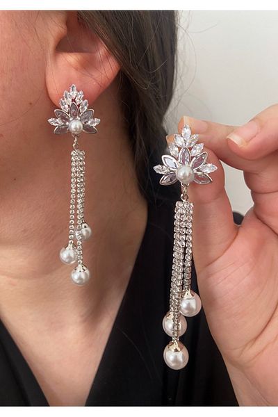 ER TAKI Stoned Silver Color Long Pearl Dangle Stylish Party Engagement Henna Wedding Wedding Evening Dress Earrings