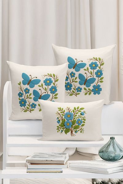 Bertille Home Set de 3 huse de pernă cu imprimare digitală pe două părți (aspect de broderie cu model de puncție)