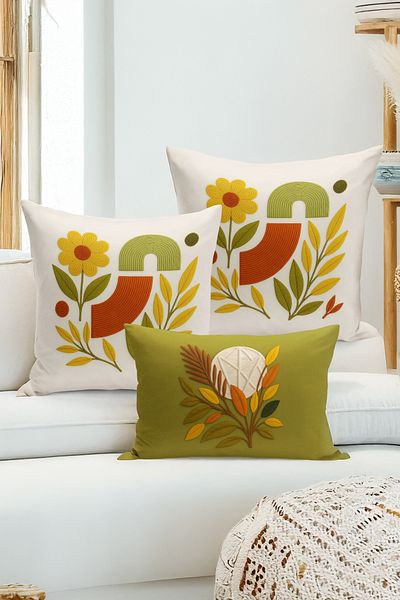 Bertille Home Set de 3 huse de pernă cu imprimare digitală pe două părți (aspect de broderie cu model de puncție)