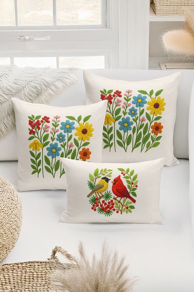 Bertille Home Set de 3 huse de pernă cu imprimare digitală pe două părți (aspect de broderie cu model de puncție)
