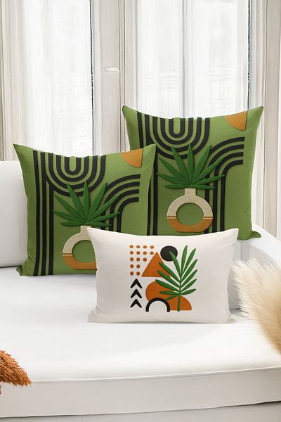 Bertille Home Set de 3 huse de pernă cu imprimare digitală pe două părți (aspect de broderie cu model de puncție)
