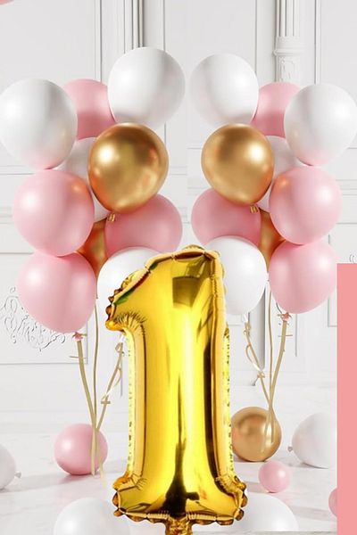 tedaks 1 Year Old Retro Gold Pink White Balloon Set Birthday Balloon with Gold Numbers Stylish Party Ornament