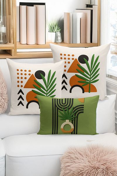 Bertille Home Set de 3 huse de pernă cu imprimare digitală pe două părți (aspect de broderie cu model de puncție)