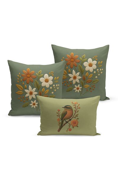 Bertille Home Set de 3 huse de pernă cu imprimare digitală pe două părți (aspect de broderie cu model de puncție)