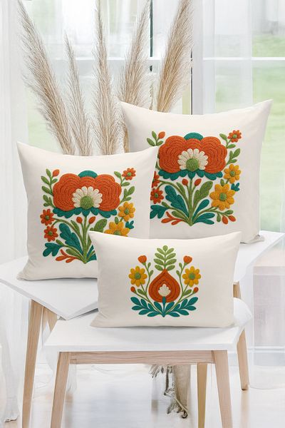 Bertille Home Set de 3 huse de pernă cu imprimare digitală pe două părți (aspect de broderie cu model de puncție)