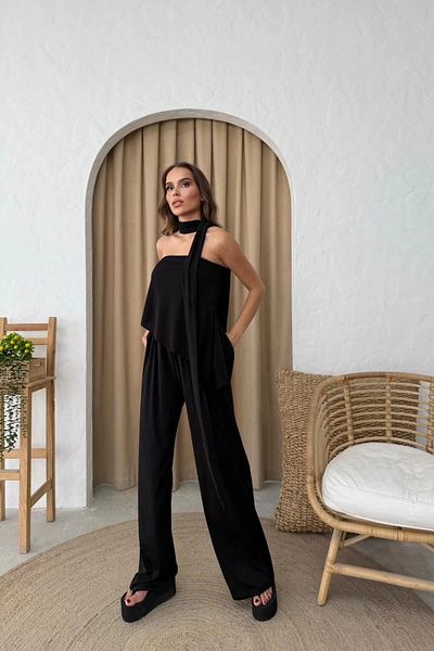 MOZENA Strapless Asymmetrical Blouse and Pants Scarf Set