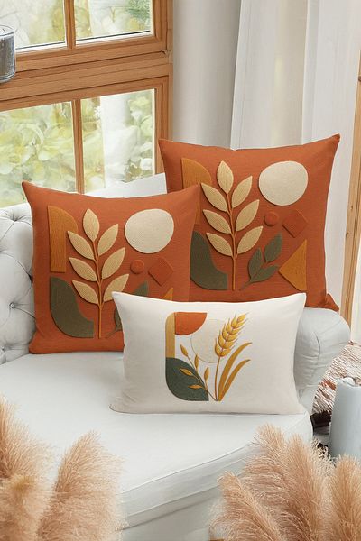 Bertille Home Set de 3 huse de pernă cu imprimare digitală pe două părți (aspect de broderie cu model de puncție)