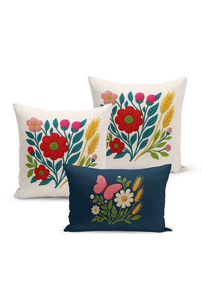 Bertille Home Set de 3 huse de pernă cu imprimare digitală pe două părți (aspect de broderie cu model de puncție)
