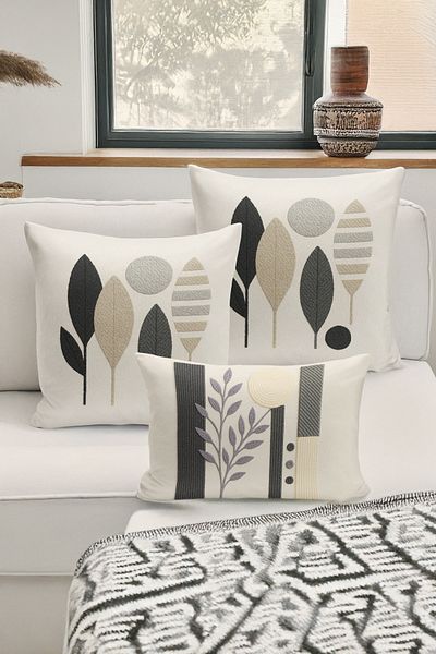 Bertille Home Set de 3 huse de pernă cu imprimare digitală pe două părți (aspect de broderie cu model de puncție)