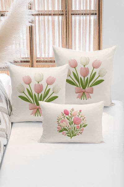 Bertille Home Set de 3 huse de pernă cu imprimare digitală pe două părți (aspect de broderie cu model de puncție)