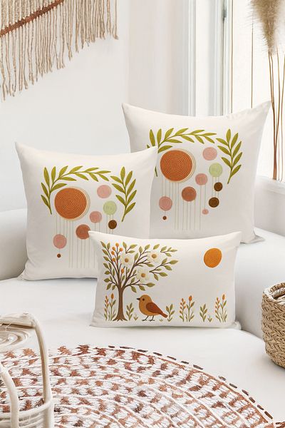 Bertille Home Set de 3 huse de pernă cu imprimare digitală pe două părți (aspect de broderie cu model de puncție)