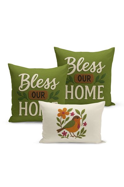 Bertille Home Set de 3 huse de pernă cu imprimare digitală pe două părți (aspect de broderie cu model de puncție)