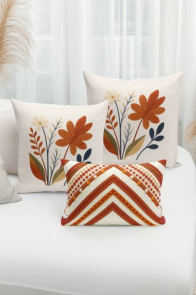 Bertille Home Set de 3 huse de pernă cu imprimare digitală pe două părți (aspect de broderie cu model de puncție)