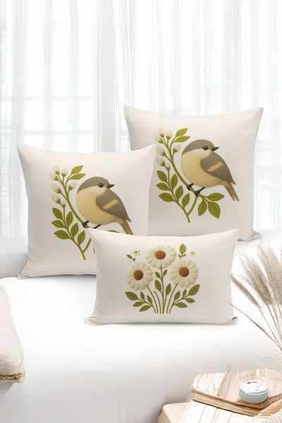 Bertille Home Set de 3 huse de pernă cu imprimare digitală pe două părți (aspect de broderie cu model de puncție)