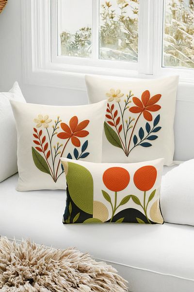 Bertille Home Set de 3 huse de pernă cu imprimare digitală pe două părți (aspect de broderie cu model de puncție)