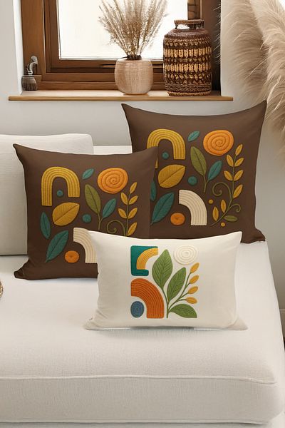 Bertille Home Set de 3 huse de pernă cu imprimare digitală pe două părți (aspect de broderie cu model de puncție)