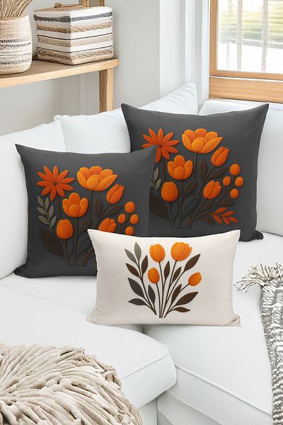 Bertille Home Set de 3 huse de pernă cu imprimare digitală pe două părți (aspect de broderie cu model de puncție)