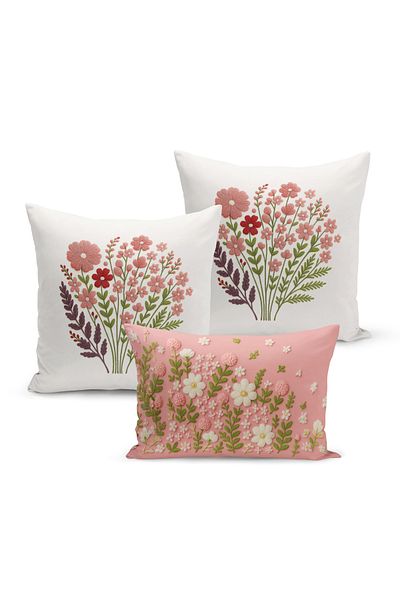 Bertille Home Set de 3 huse de pernă cu imprimare digitală pe două părți (aspect de broderie cu model de puncție)