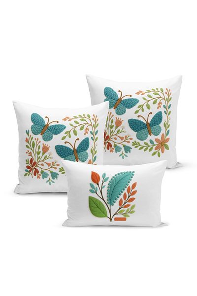 Bertille Home Set de 3 huse de pernă cu imprimare digitală pe două părți (aspect de broderie cu model de puncție)