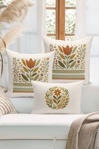 Bertille Home Set de 3 huse de pernă cu imprimare digitală pe două părți (aspect de broderie cu model de puncție)