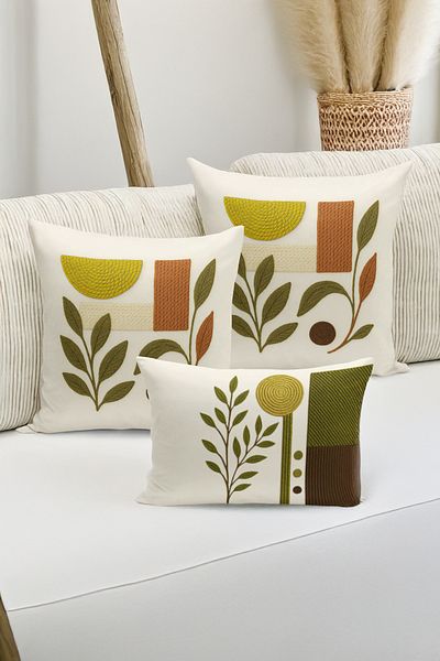 Bertille Home Set de 3 huse de pernă cu imprimare digitală pe două părți (aspect de broderie cu model de puncție)