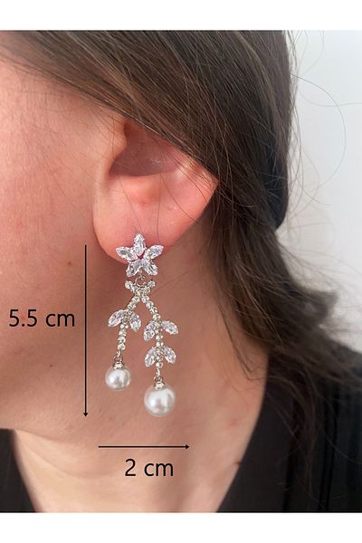ER TAKI Stoned Silver Color Pearl Dangle Stylish Party Engagement Henna Wedding Wedding Evening Dress Earrings