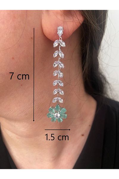 ER TAKI Silver Colored Green Stone Long Dangle Flower Stylish Party Engagement Henna Wedding Evening Dress Earrings