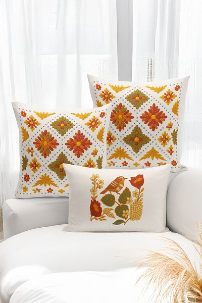 Bertille Home Set de 3 huse de pernă cu imprimare digitală pe două părți (aspect de broderie cu model de puncție)