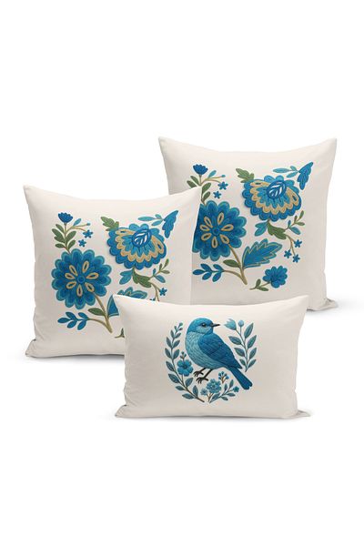 Bertille Home Set de 3 huse de pernă cu imprimare digitală pe două părți (aspect de broderie cu model de puncție)