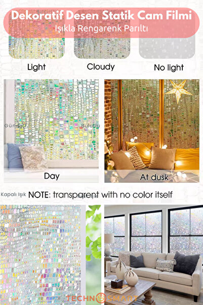 TechnoSmart 60cmx100cm Işıkla Renk Değiştiren Statik Cam Filmi – Gökkuşağı Efektli Desenli Folyo