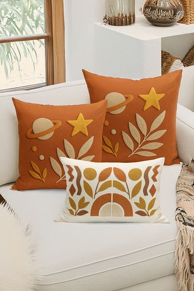 Bertille Home Set de 3 huse de pernă cu imprimare digitală pe două părți (aspect de broderie cu model de puncție)