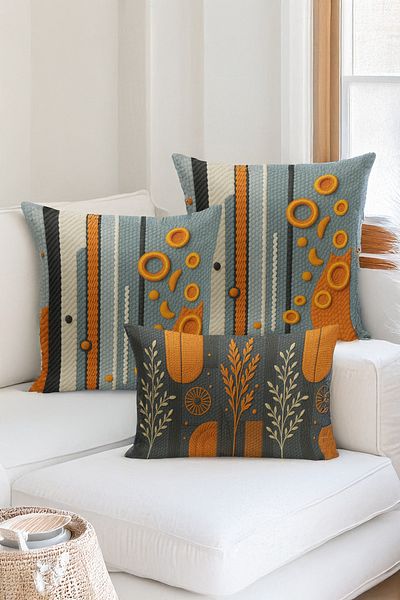 Bertille Home Set de 3 huse de pernă cu imprimare digitală pe două părți (aspect de broderie cu model de puncție)