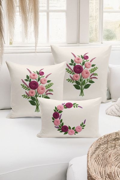 Bertille Home Set de 3 huse de pernă cu imprimare digitală pe două părți (aspect de broderie cu model de puncție)