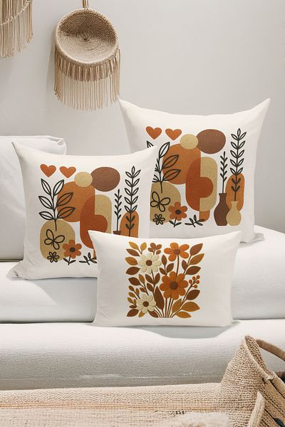 Bertille Home Set de 3 huse de pernă cu imprimare digitală pe două părți (aspect de broderie cu model de puncție)