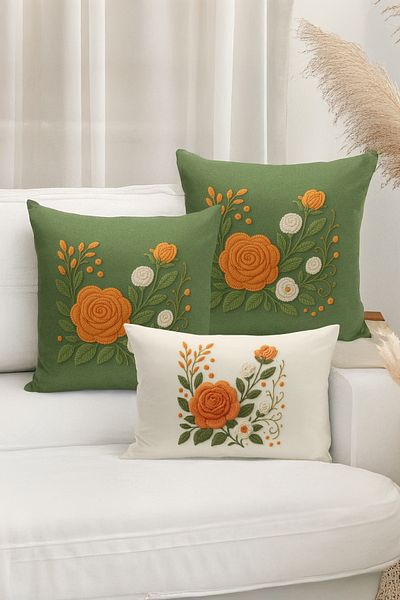 Bertille Home Set de 3 huse de pernă cu imprimare digitală pe două părți (aspect de broderie cu model de puncție)
