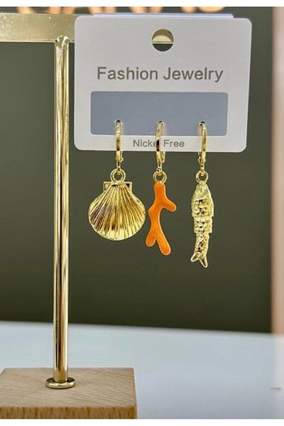 AychaAksesuar Vip Set of 3 Earrings with Mussel Fish Object and Orange