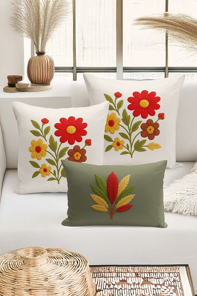 Bertille Home Set de 3 huse de pernă cu imprimare digitală pe două părți (aspect de broderie cu model de puncție)