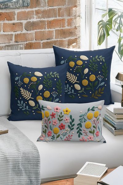 Bertille Home Set de 3 huse de pernă cu imprimare digitală pe două părți (aspect de broderie cu model de puncție)