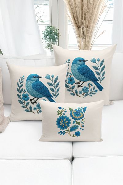 Bertille Home Set de 3 huse de pernă cu imprimare digitală pe două părți (aspect de broderie cu model de puncție)