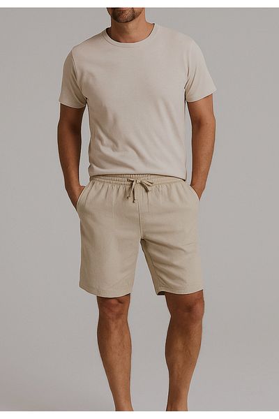 TheSeason Men's Stone Linen Look Cotton Comfort Fit Shorts