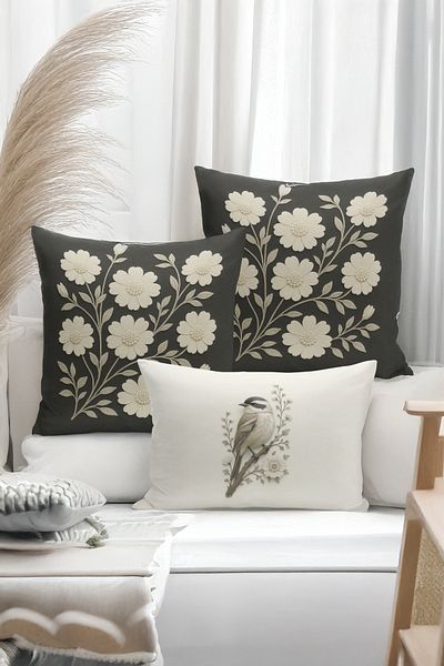 Bertille Home Set de 3 huse de pernă cu imprimare digitală pe două părți (aspect de broderie cu model de puncție)