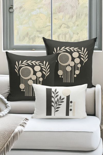 Bertille Home Set de 3 huse de pernă cu imprimare digitală pe două părți (aspect de broderie cu model de puncție)