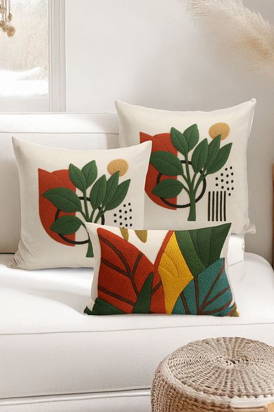 Bertille Home Set de 3 huse de pernă cu imprimare digitală pe două părți (aspect de broderie cu model de puncție)