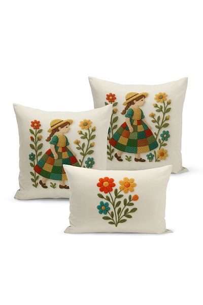 Bertille Home Set de 3 huse de pernă cu imprimare digitală pe două părți (aspect de broderie cu model de puncție)