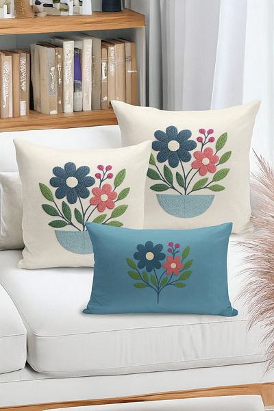 Bertille Home Set de 3 huse de pernă cu imprimare digitală pe două părți (aspect de broderie cu model de puncție)