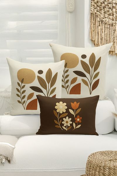 Bertille Home Set de 3 huse de pernă cu imprimare digitală pe două părți (aspect de broderie cu model de puncție)