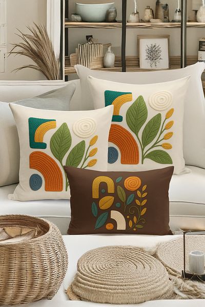 Bertille Home Set de 3 huse de pernă cu imprimare digitală pe două părți (aspect de broderie cu model de puncție)