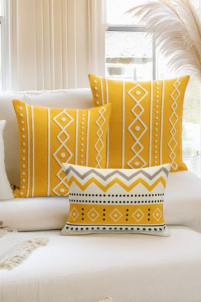 Bertille Home Set de 3 huse de pernă cu imprimare digitală pe două părți (aspect de broderie cu model de puncție)
