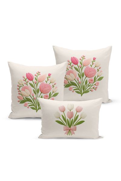 Bertille Home Set de 3 huse de pernă cu imprimare digitală pe două părți (aspect de broderie cu model de puncție)